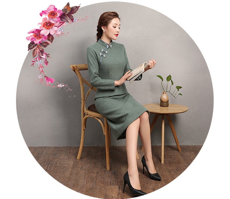 素凈灰綠色旗袍，復(fù)古中國風(fēng)旗袍裙