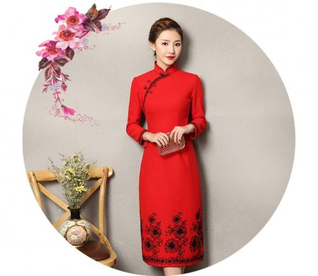 復(fù)古之美紅色旗袍，蕾絲花紋修身旗袍裙