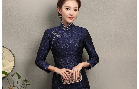 藍(lán)思印花中長(zhǎng)款旗袍，端莊大氣旗袍裙