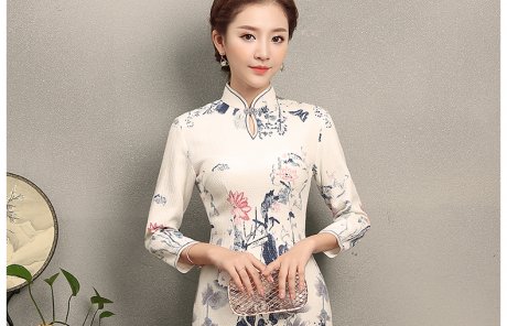 中國(guó)風(fēng)水墨荷花印花旗袍，復(fù)古中式白色旗袍裙