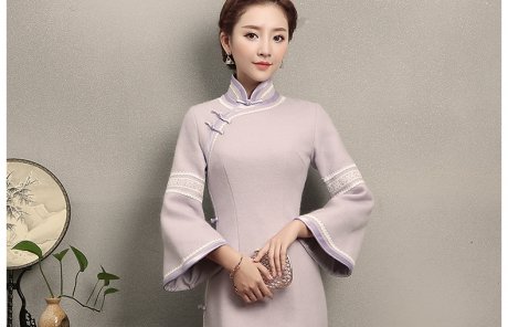 淺紫色花邊旗袍，簡(jiǎn)潔大氣的旗袍裙