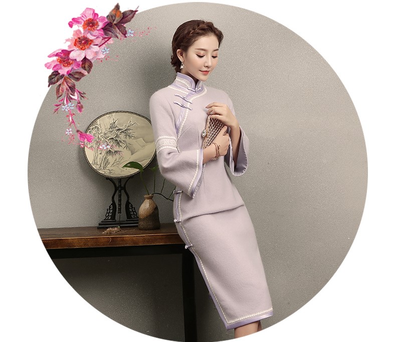 淺紫色花邊旗袍，簡(jiǎn)潔大氣的旗袍裙