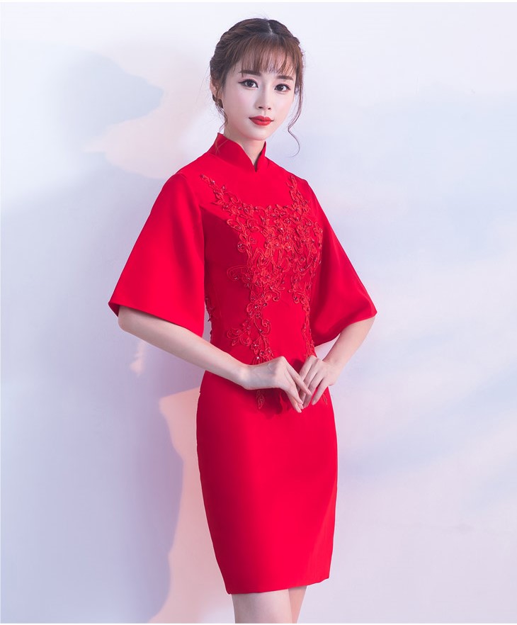 氣質(zhì)小禮服裙，短款紅色中式禮服