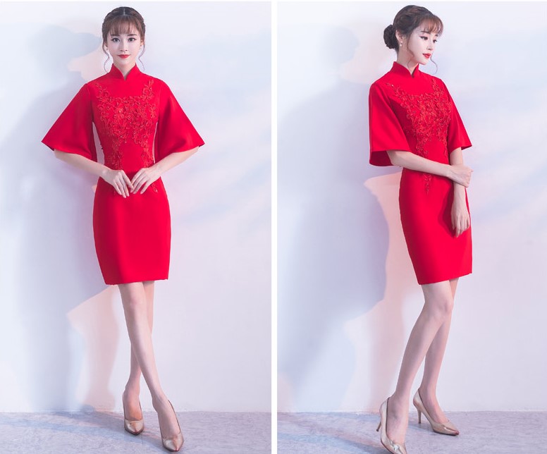氣質(zhì)小禮服裙，短款紅色中式禮服