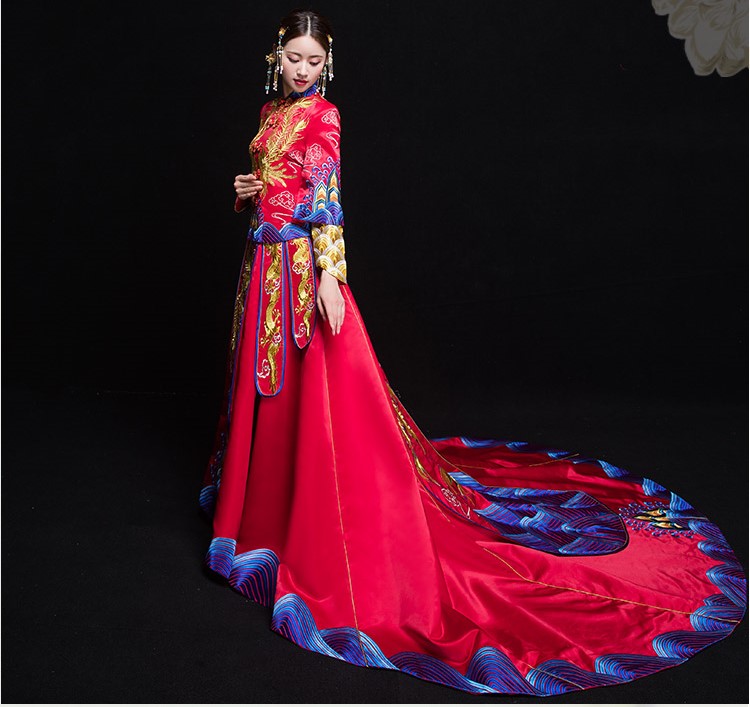 復古典雅中國風新娘禮服，奢華拖尾中式禮服