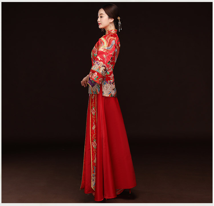精美鳳凰斜襟新娘禮服，奢華刺繡中式禮服