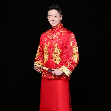 雙龍刺繡男士中式禮服，時(shí)尚中國風(fēng)新郎禮服