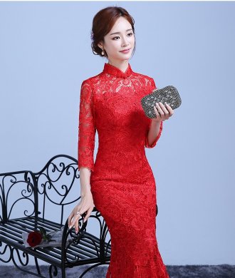 魚尾蕾絲裙擺中式禮服，復古氣質(zhì)晚禮服