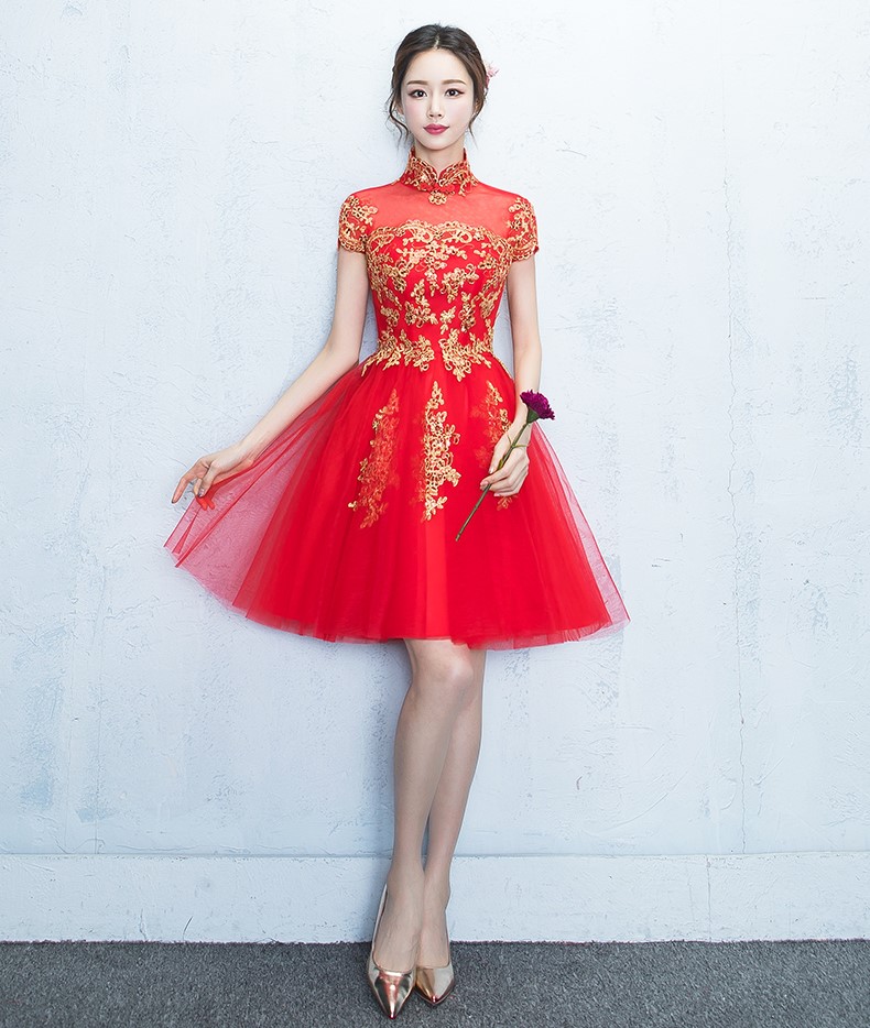 蕾絲復(fù)古立領(lǐng)中式禮服，時(shí)尚優(yōu)雅網(wǎng)紗晚禮服