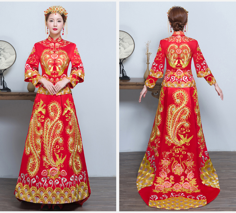 時(shí)尚中國(guó)風(fēng)拖尾中式禮服，金線刺繡新娘禮服