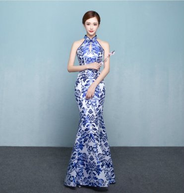 中式青花瓷旗袍禮服，時(shí)尚復(fù)古旗袍裙