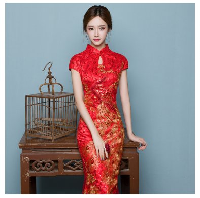 中國風(fēng)魚尾中式禮服，紅色蕾絲繡花晚禮服
