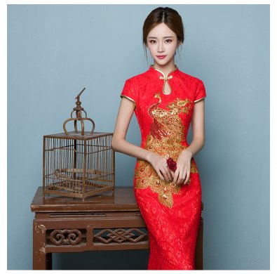 中國風(fēng)魚尾中式禮服，孔雀繡花晚禮服
