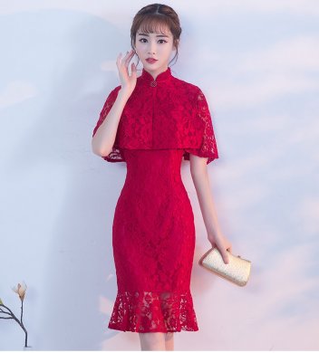 蕾絲披肩中式禮服，時(shí)尚荷葉邊魚(yú)尾裙晚禮服