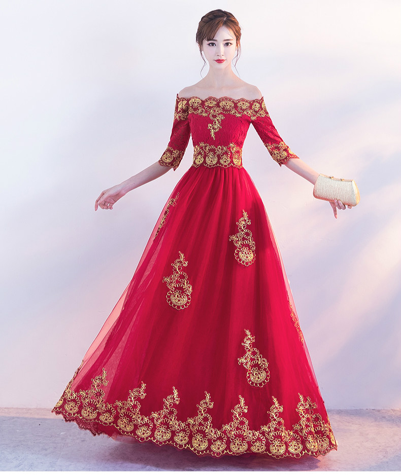 時(shí)尚一字肩中式禮服，紅色復(fù)古蕾絲晚禮服