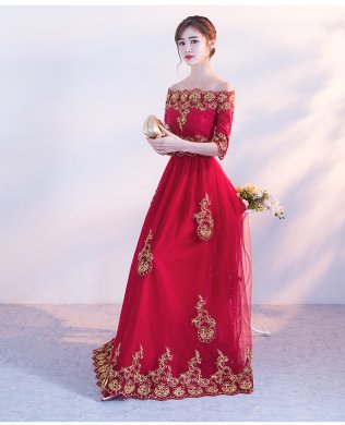 時尚一字肩中式禮服，紅色復古蕾絲晚禮服