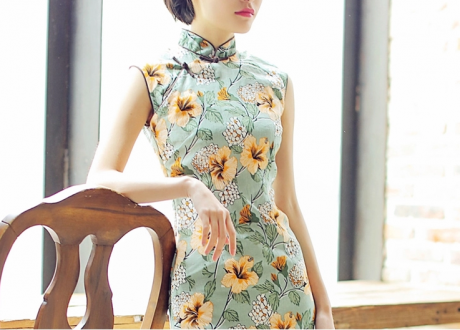 時(shí)尚棉麻長(zhǎng)款旗袍，復(fù)古印花旗袍