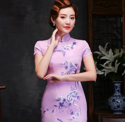 真絲繡花旗袍，復古氣質蕾絲鑲邊旗袍