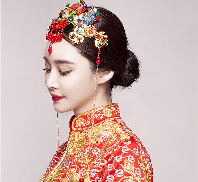 五彩金片花朵紅珠頭飾，新娘精美發(fā)飾