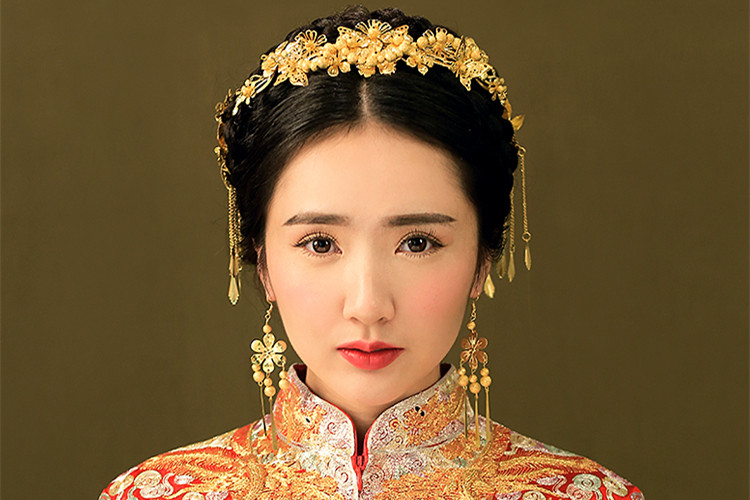 中式新娘步搖頭飾，金色古裝發(fā)飾套裝