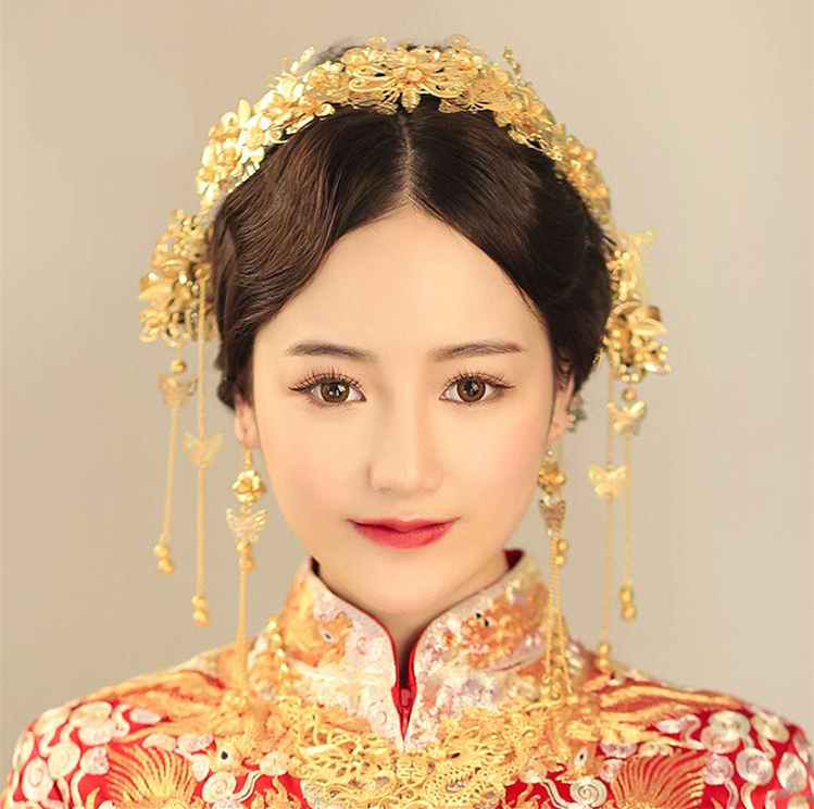 中式新娘精美頭飾，金色發(fā)飾套裝步搖鳳冠