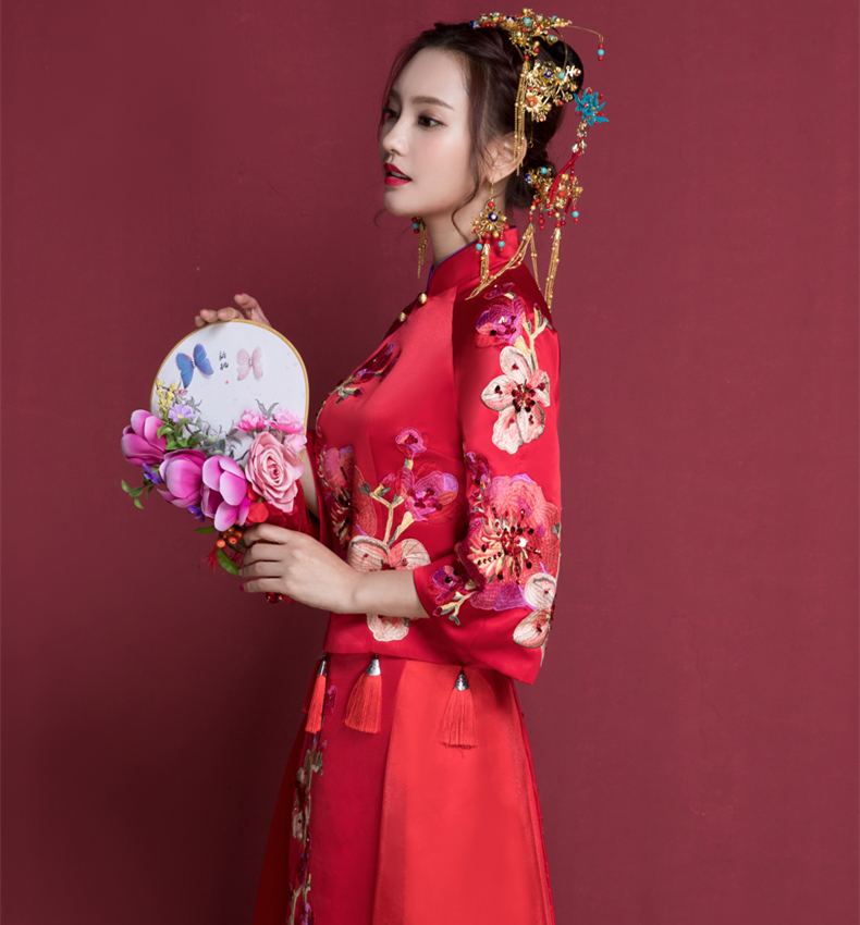 花開富貴中式新娘禮服，蘇繡桃花中袖敬酒服