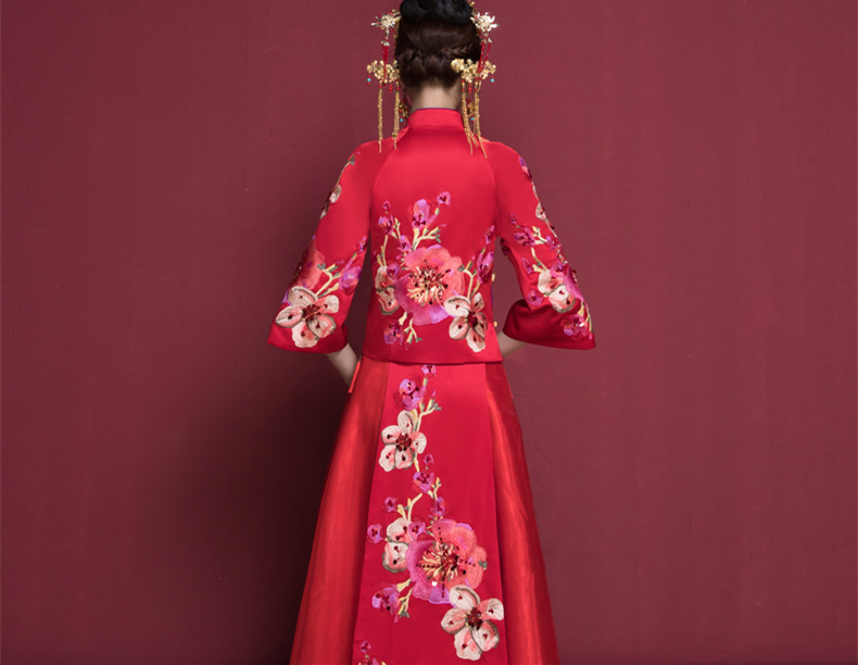 花開富貴中式新娘禮服，蘇繡桃花中袖敬酒服