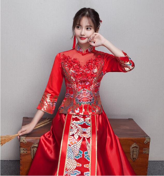 中式立領(lǐng)盤扣中國(guó)紅錦緞中式禮服