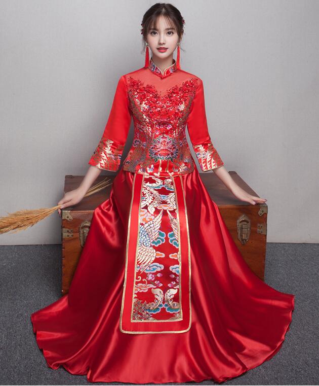 中式立領(lǐng)盤扣中國(guó)紅錦緞中式禮服