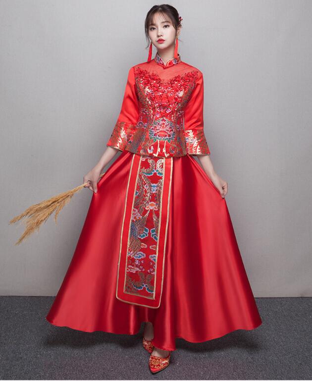 中式立領(lǐng)盤扣中國(guó)紅錦緞中式禮服