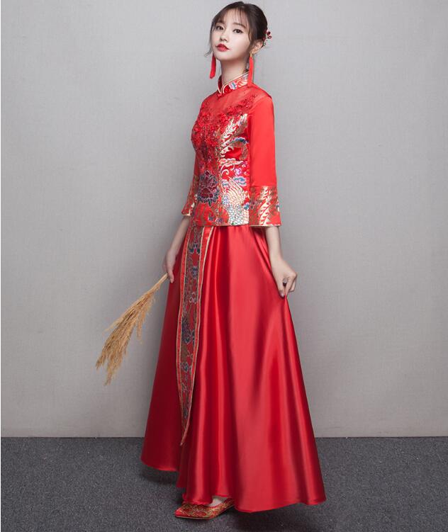 中式立領(lǐng)盤扣中國(guó)紅錦緞中式禮服