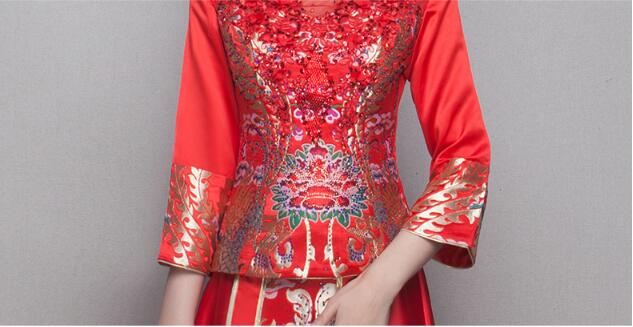 中式立領(lǐng)盤扣中國(guó)紅錦緞中式禮服