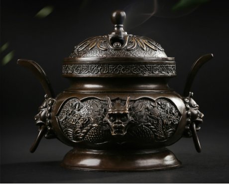 祥獅雕刻香爐，仿古神龍銅香爐