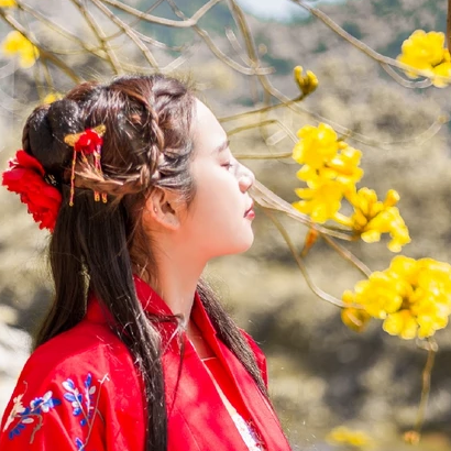 嬌艷花朵紅衣女生頭像，唯美古風(fēng)真人頭像