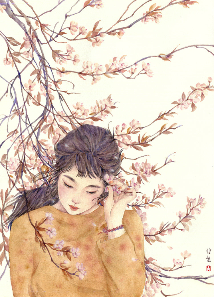 24節(jié)氣水彩手繪插畫，清新淡雅唯美女子插畫